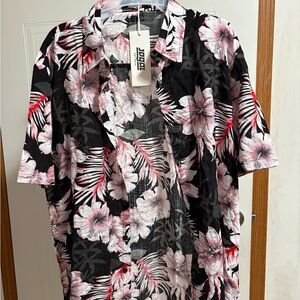 Men's Black Floral Short-Sleeve Shirt - Pink/White Hibiscus